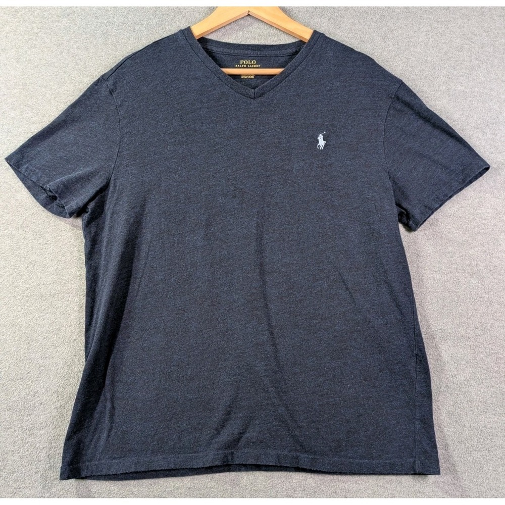 Polo Ralph Lauren Mens L Heather Navy V-Neck T-Shirt Pony Logo Minimalist Preppy